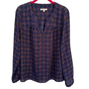 Skies Are Blue Blouse Top Womens Sz M‎ Navy Multicolor Geo Print Tunic Top Boho